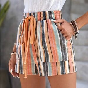 Large Striped Colorful Linen Feel Breezy Tie Waist Shorts- Elastic Waist